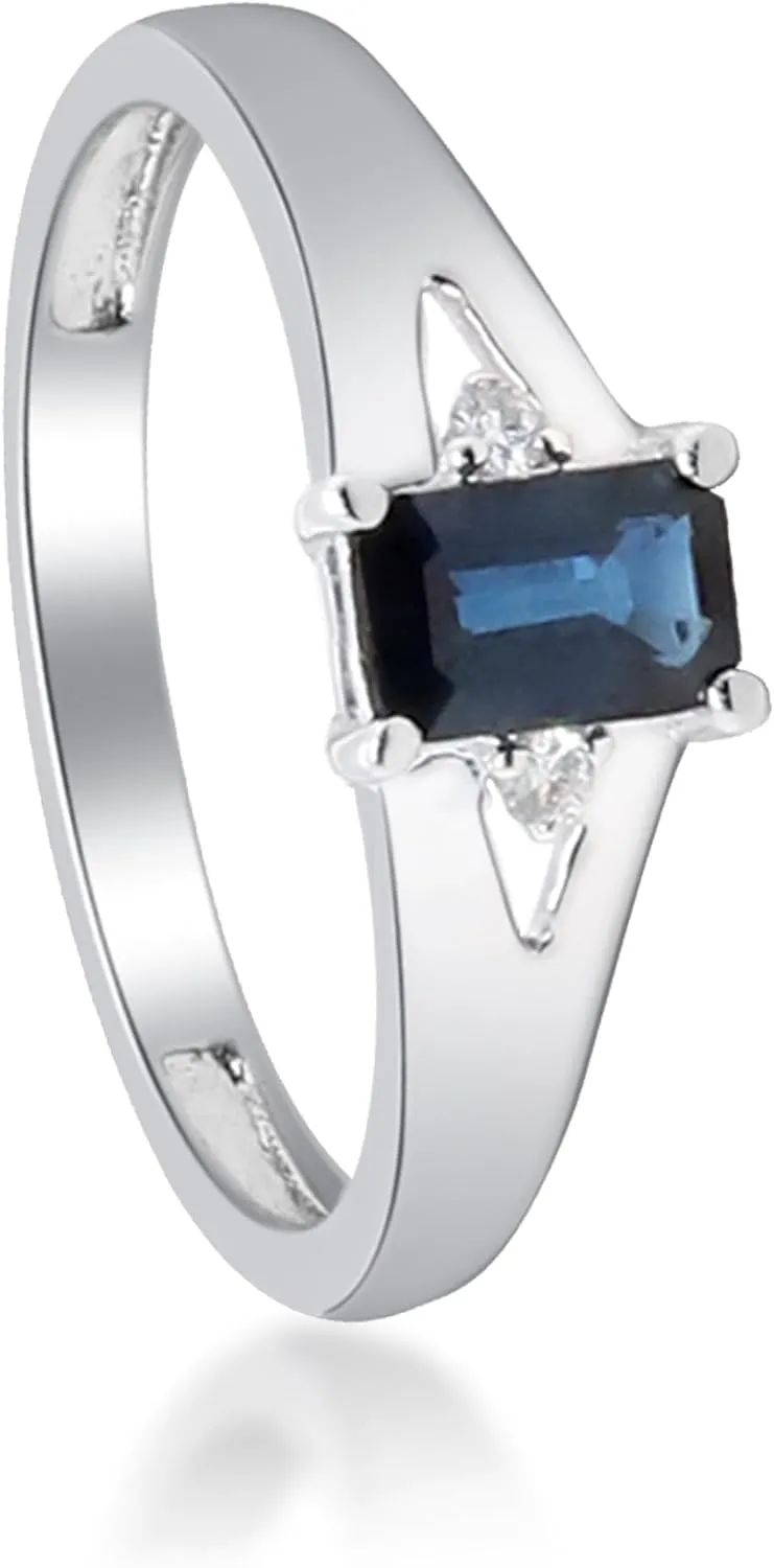 Gin & Garce 10K White Gold Genuine Blue Sapphire Ring with Diamonds for women | Ethically, authentically & organically sourced (Emerald) shaped Sapphire hand-crafted jewelry for her