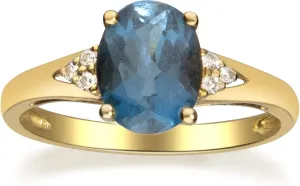 Gin & Grace 10K Yellow Gold Genuine London Blue Topaz Ring with Diamonds for women | Ethically, authentically & organically sourced (Oval-cut) shaped London Blue Topaz hand-crafted jewelry for her