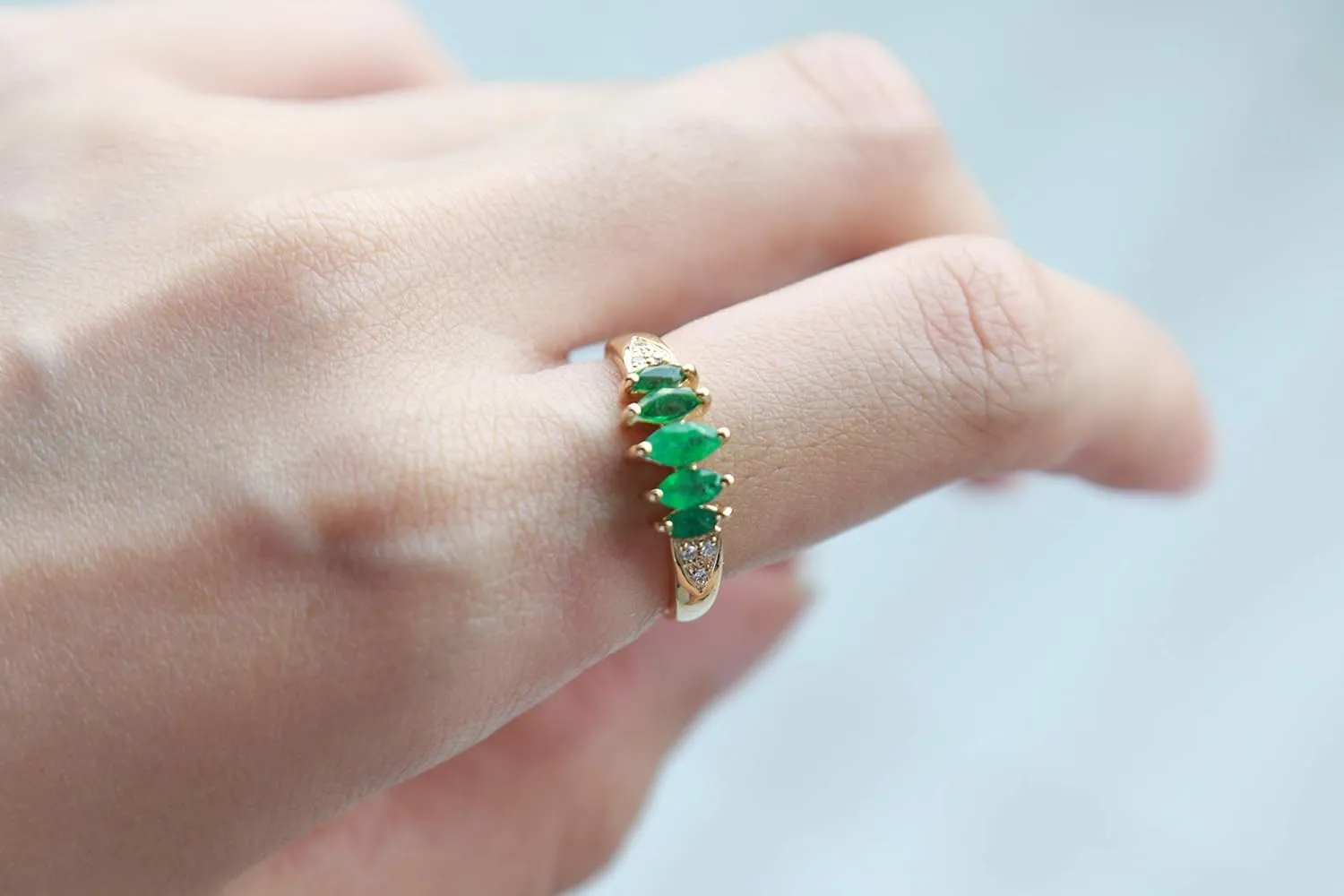Gin & Grace 10K Yellow Gold Natural Zambian Emerald Ring with Natural Diamonds for women | Ethically, authentically & organically sourced Marquise-Cut Emerald hand-crafted jewelry for her | Emerald Ring for women.