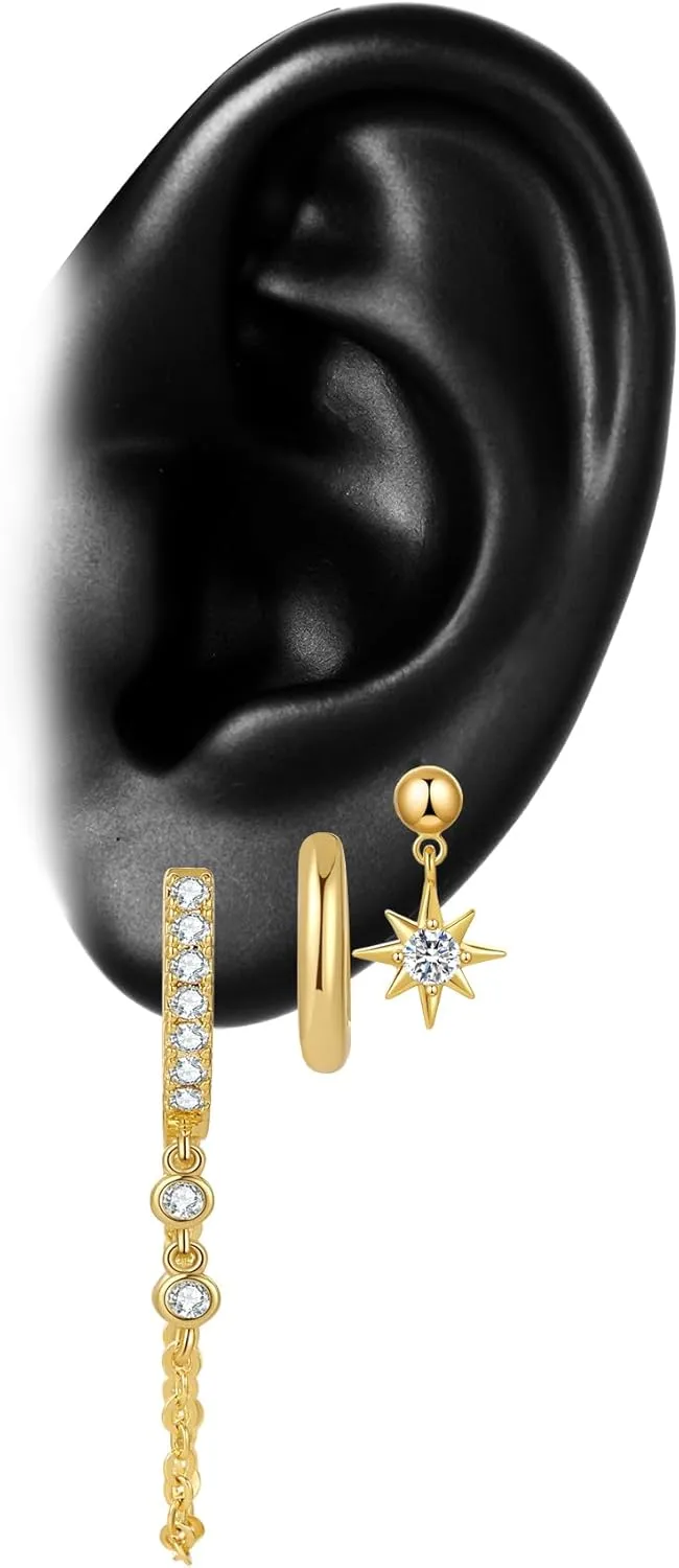 Gold Earring Sets for Women Dainty Gold Stud Huggie Hoop Earrings for Multiple Piercing Hypoallergenic Small Hoop Dangle Earrings Cartilage Earring Set