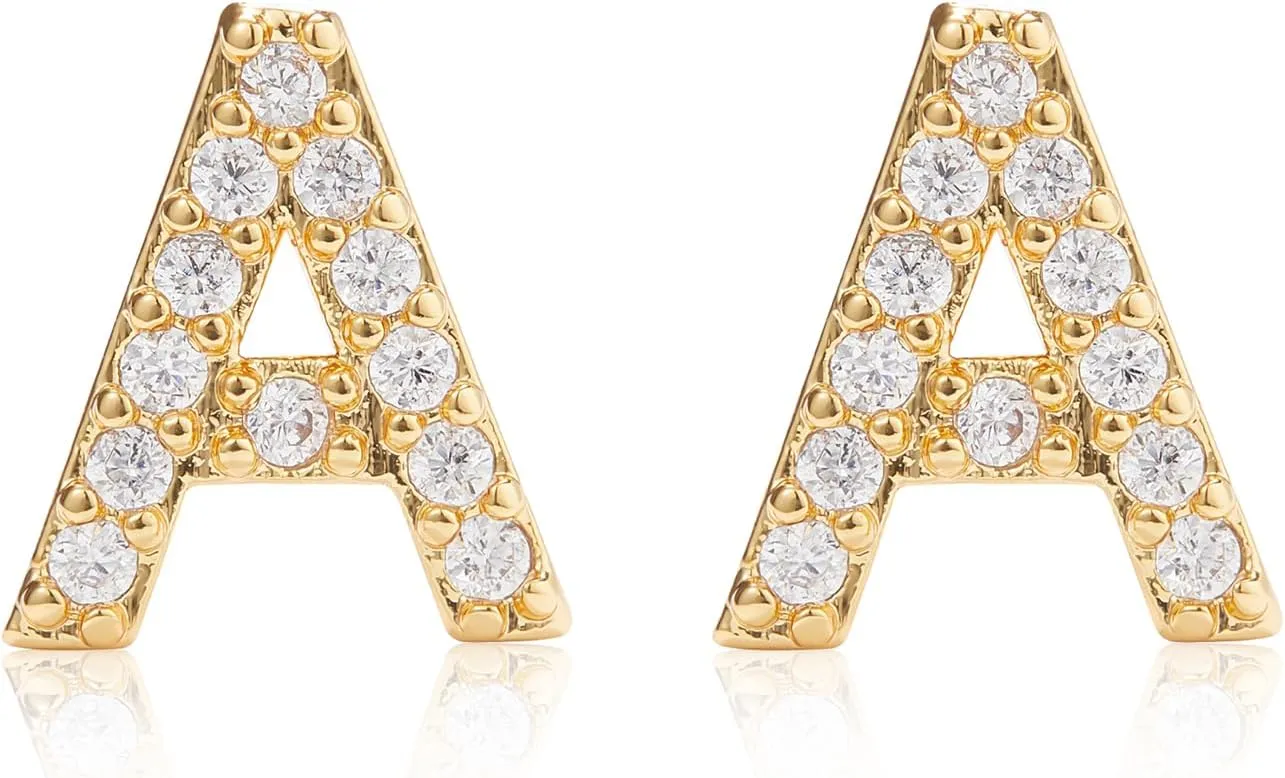 Gold Earrings for Women 14K Gold Cubic Zirconia Initial Letter Stud Earrings Trendy Simple Tiny Small Minimalist Dainty Cute Hypoallergenic Initial Earrings Jewelry Gifts for Women