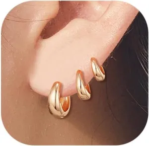 Gold Earrings Set for Women Small Huggie 14k Gold Plated Hoop Earrings Hypoallergenic Earring Stacks Trendy Dainty Jewelry (4-Earrings)