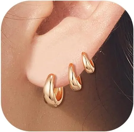Gold Earrings Set for Women Small Huggie 14k Gold Plated Hoop Earrings Hypoallergenic Earring Stacks Trendy Dainty Jewelry (4-Earrings)
