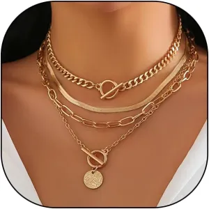 Gold Layered Stack Necklace Set for Women, Retro Thick Cuban Chain Coin Medallion Pendant Necklace,Paperclip Chain Heart Clasp Choker Jewelry Gift