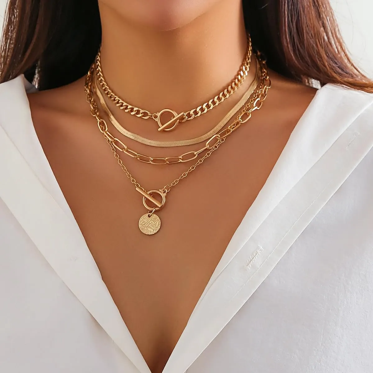 Gold Layered Stack Necklace Set for Women, Retro Thick Cuban Chain Coin Medallion Pendant Necklace,Paperclip Chain Heart Clasp Choker Jewelry Gift