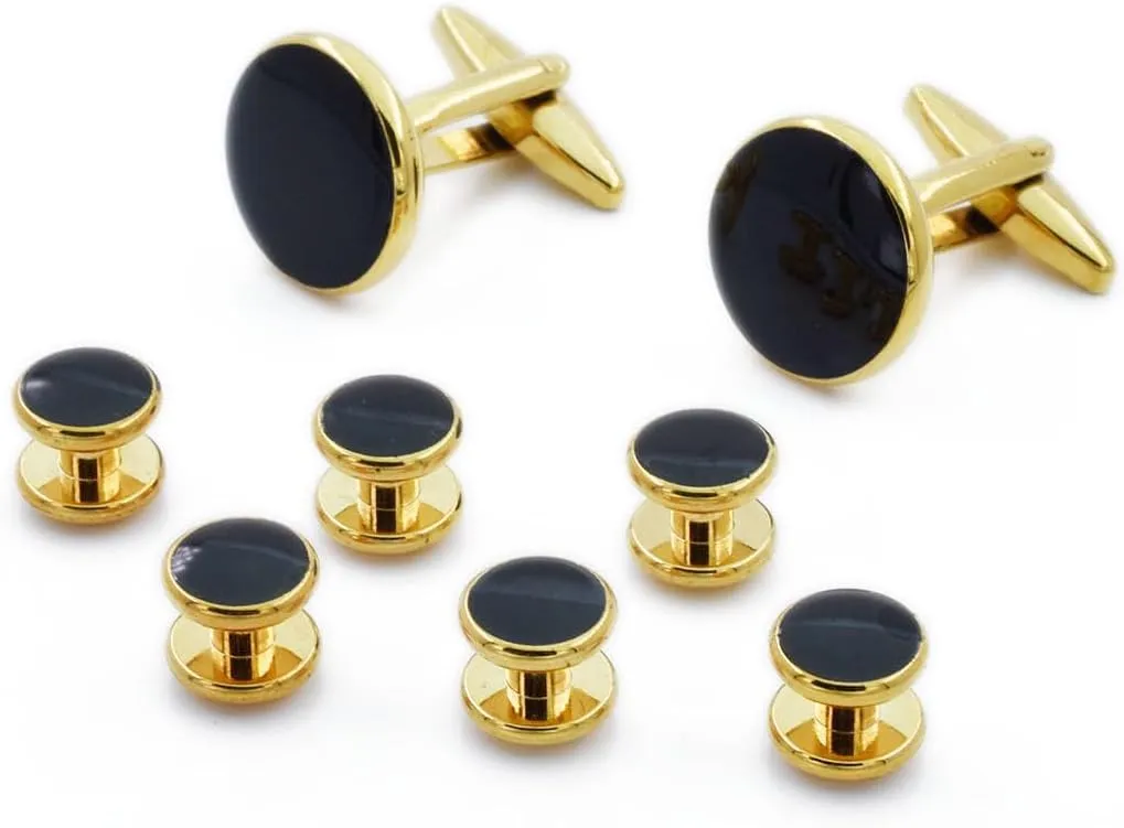 Gold Men's Cuff Links and Studs Set with Gift Box, Tuxedo Shirt Cufflinks and Buttons Set for Men, Brass Cuff Links and Shirt Studs for Wedding Business Anniversary Men's Jewelry
