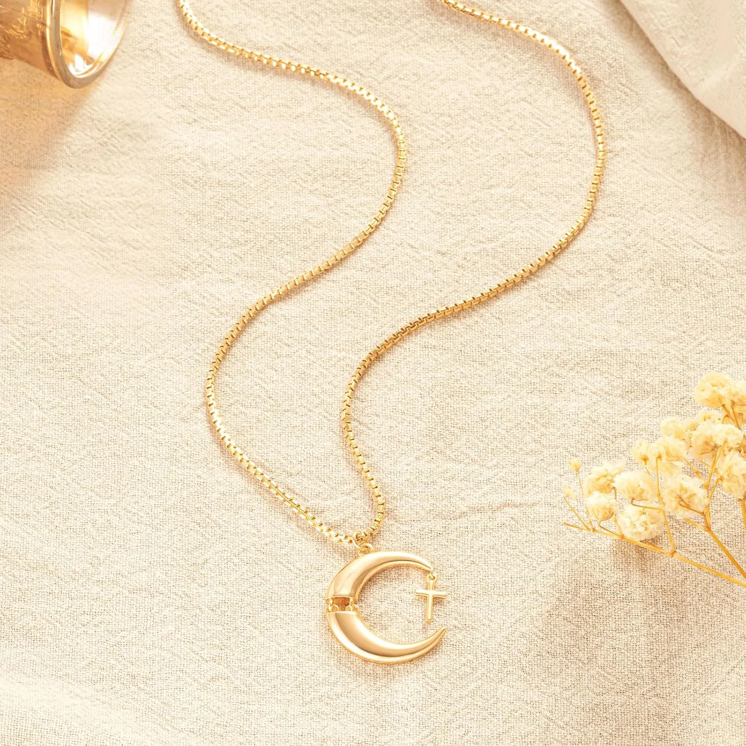 Gold Moon Pendant Necklace for Women,14K Gold Plated Dainty Chain Crescent Moon Sun Star Necklace Jewelry