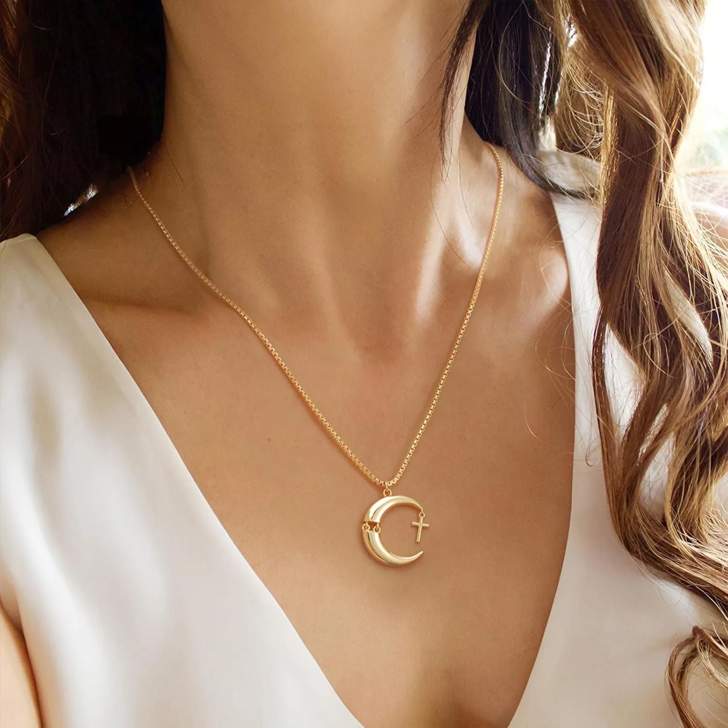 Gold Moon Pendant Necklace for Women,14K Gold Plated Dainty Chain Crescent Moon Sun Star Necklace Jewelry
