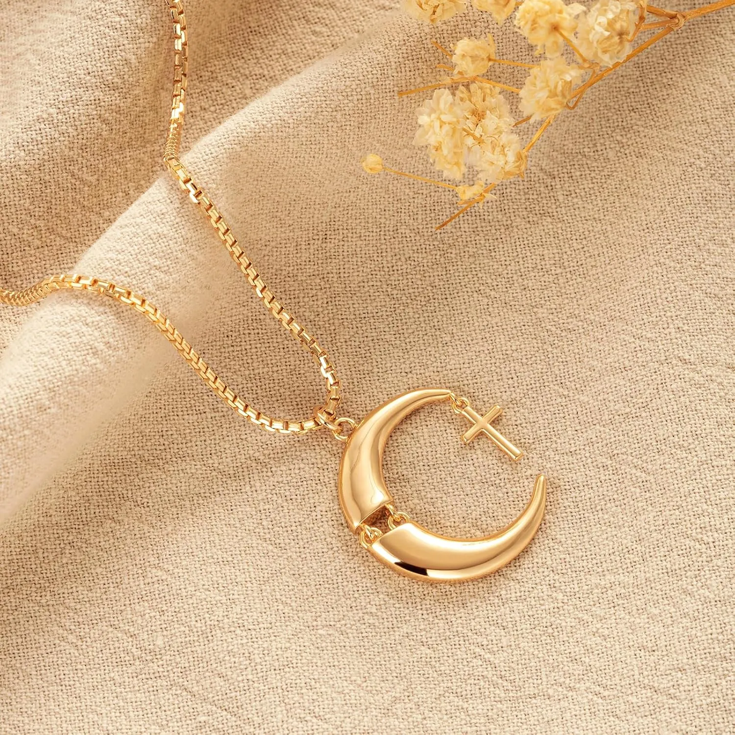 Gold Moon Pendant Necklace for Women,14K Gold Plated Dainty Chain Crescent Moon Sun Star Necklace Jewelry