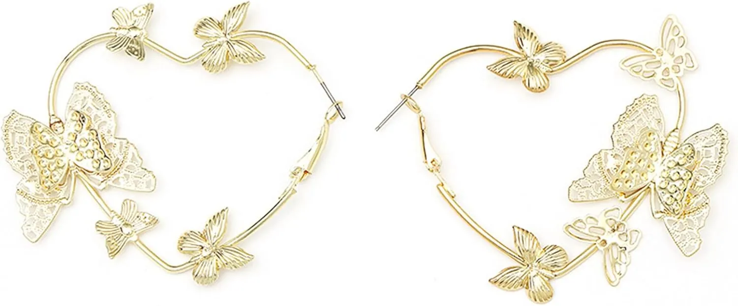 Gold Plated Butterfly Hoop Earrings for Women Handmade Delicate Hollow Insect Animal Wings Circle Round Love Heart Shaped Metal Wire Dangle Drop Earrings for Her Wife Mom Daughter Sister Girlfriend Jewelry Gifts