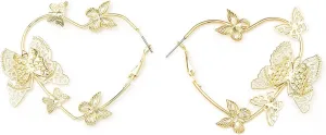 Gold Plated Butterfly Hoop Earrings for Women Handmade Delicate Hollow Insect Animal Wings Circle Round Love Heart Shaped Metal Wire Dangle Drop Earrings for Her Wife Mom Daughter Sister Girlfriend Jewelry Gifts