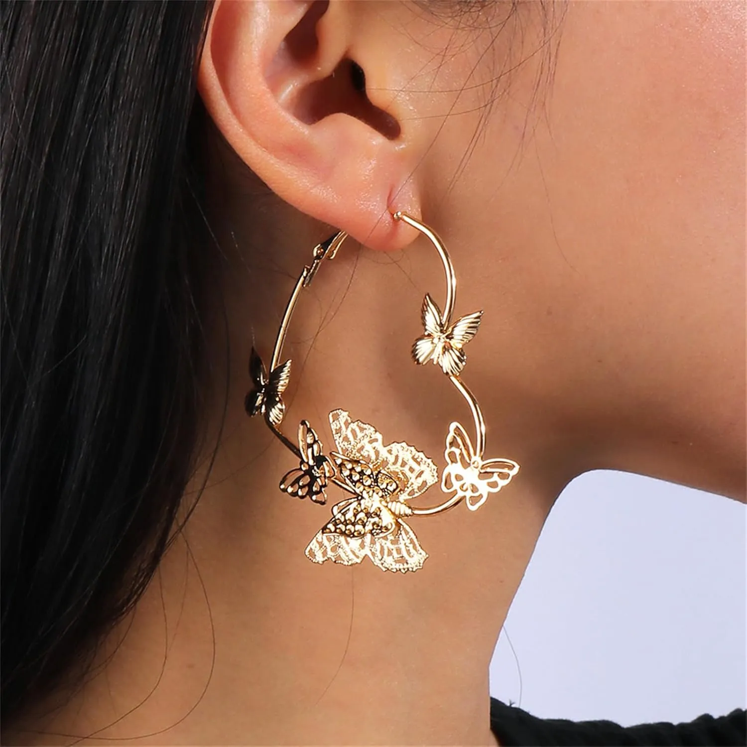Gold Plated Butterfly Hoop Earrings for Women Handmade Delicate Hollow Insect Animal Wings Circle Round Love Heart Shaped Metal Wire Dangle Drop Earrings for Her Wife Mom Daughter Sister Girlfriend Jewelry Gifts