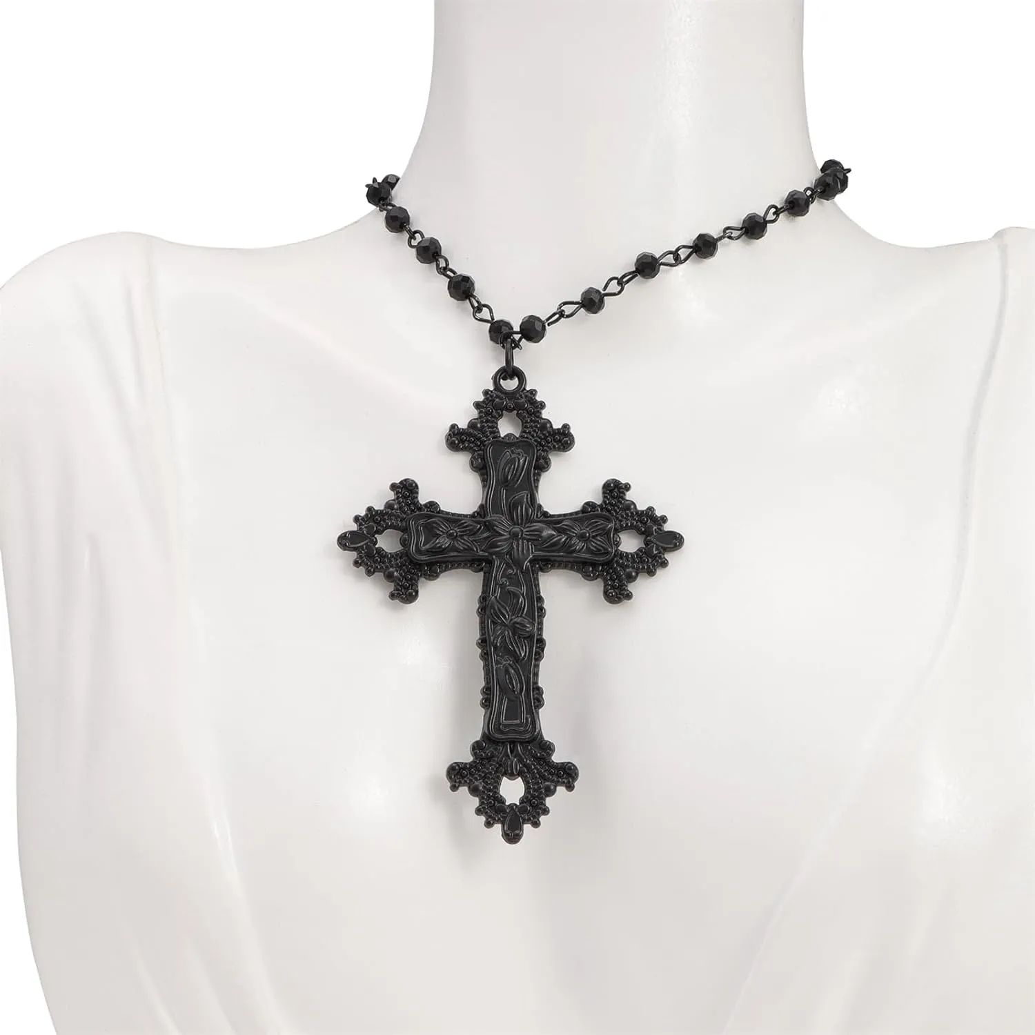 Gothic Cross Choker Necklace, Vintage Black Beaded Cross Pendant Necklace Punk Style Dark Pearl Cross Clavicle Chain Necklace Exaggerated Hip Hop Halloween Necklace Jewelry Costume