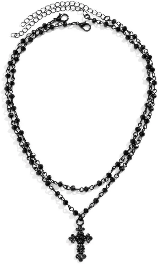 Gothic Cross Necklace Cross Necklace Gothic Layered Cross Necklace Layered Black Cross Pendant Choker Halloween Jewelry for Women Gothic Necklace Double Beaded Cross Necklace