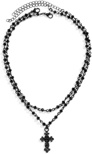 Gothic Cross Necklace Cross Necklace Gothic Layered Cross Necklace Layered Black Cross Pendant Choker Halloween Jewelry for Women Gothic Necklace Double Beaded Cross Necklace