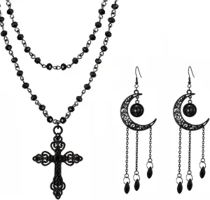 Gothic Cross Necklace, Earrings, Moon Earrings, Black Cross Pendant Choker, Crystal Chain Halloween Jewelry Set for Woman