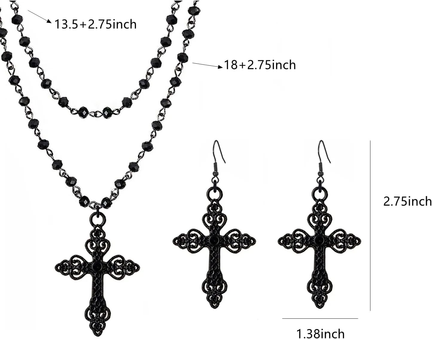 Gothic Cross Necklace, Earrings, Moon Earrings, Black Cross Pendant Choker, Crystal Chain Halloween Jewelry Set for Woman