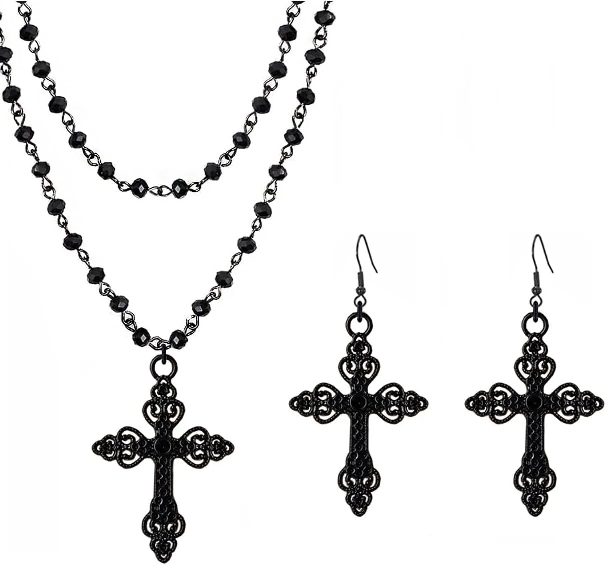 Gothic Cross Necklace, Earrings, Moon Earrings, Black Cross Pendant Choker, Crystal Chain Halloween Jewelry Set for Woman