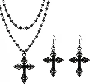 Gothic Cross Necklace, Earrings, Moon Earrings, Black Cross Pendant Choker, Crystal Chain Halloween Jewelry Set for Woman