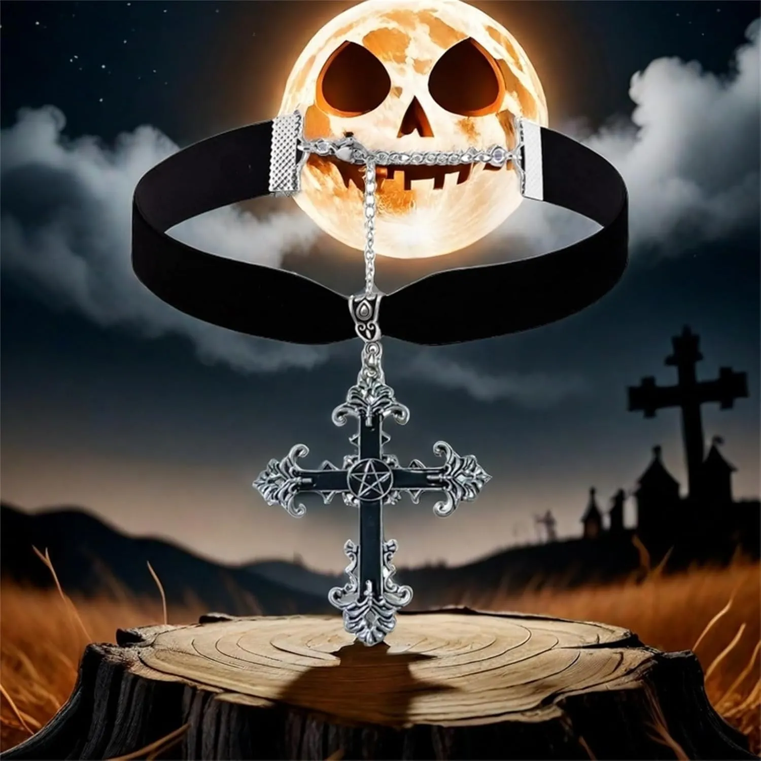 Gothic Cross Necklace Vintage Velvet Choker Punk Style Crystal Cross Pendant Necklace Mysterious Satanic Demon Necklace Jewelry for Women