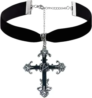 Gothic Cross Necklace Vintage Velvet Choker Punk Style Crystal Cross Pendant Necklace Mysterious Satanic Demon Necklace Jewelry for Women