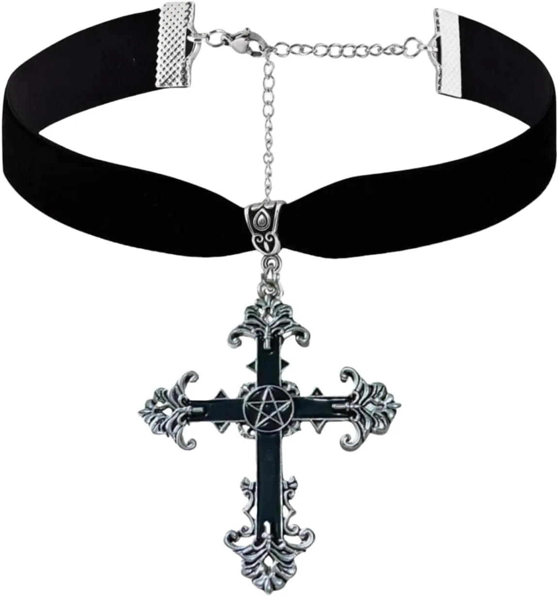 Gothic Cross Necklace Vintage Velvet Choker Punk Style Crystal Cross Pendant Necklace Mysterious Satanic Demon Necklace Jewelry for Women