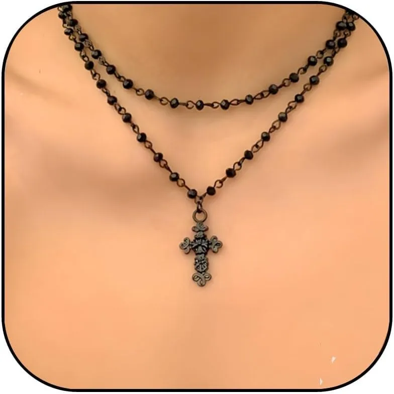 Gothic Layered Cross Necklace Black Bead Cross Choker Necklace Goth Punk Jewelry for Women Men