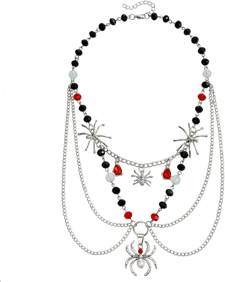 Gothic Layered Snake/Spider Necklace,Vintage Multi-Layered Beaded Snake Pendant Necklace Punk Style Pearl Spider Choker Y2k Jewelry Costume for Women