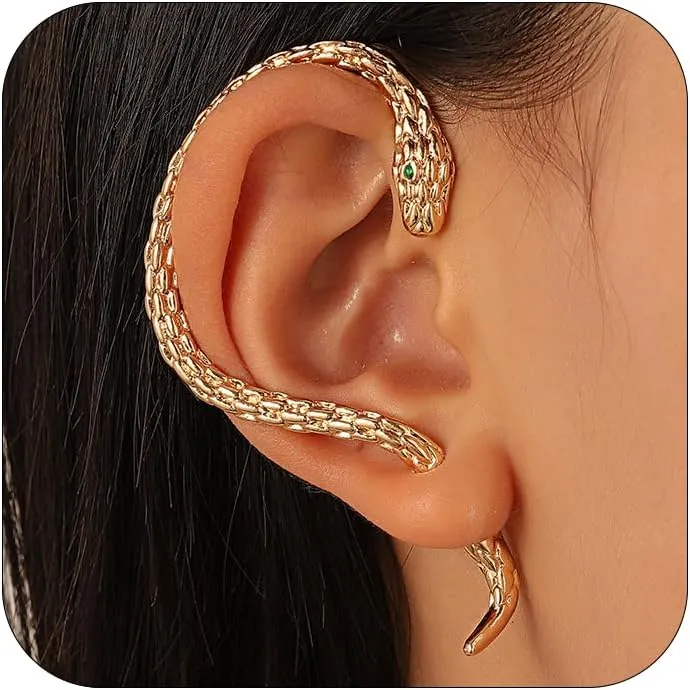 Gothic Snake Ear Cuffs - Punk Silver & Gold Snake Hanging Statement Earrings - Personalized Perforated Design - Women's Jewelry