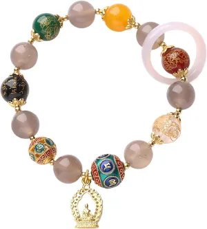 Grey Agate Bracelet Feng Shui Wealth Bracelet 8MM Meditating Buddha Prayer Bracelet Chakra Gems 5 Elements 5 Directions Gods of Wealth Crystal Bracelet Reiki Prosperity Luck Money