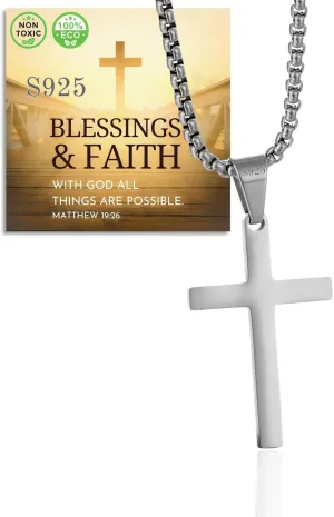 Halukakah 925 Sterling Silver Cross Necklace for Boys Teens - 18k Real Gold/Platinum Plated Small Cross Pendant with Chain - Complete with Bible Message Card and Giftbox -Meaningful Religious Jewelry