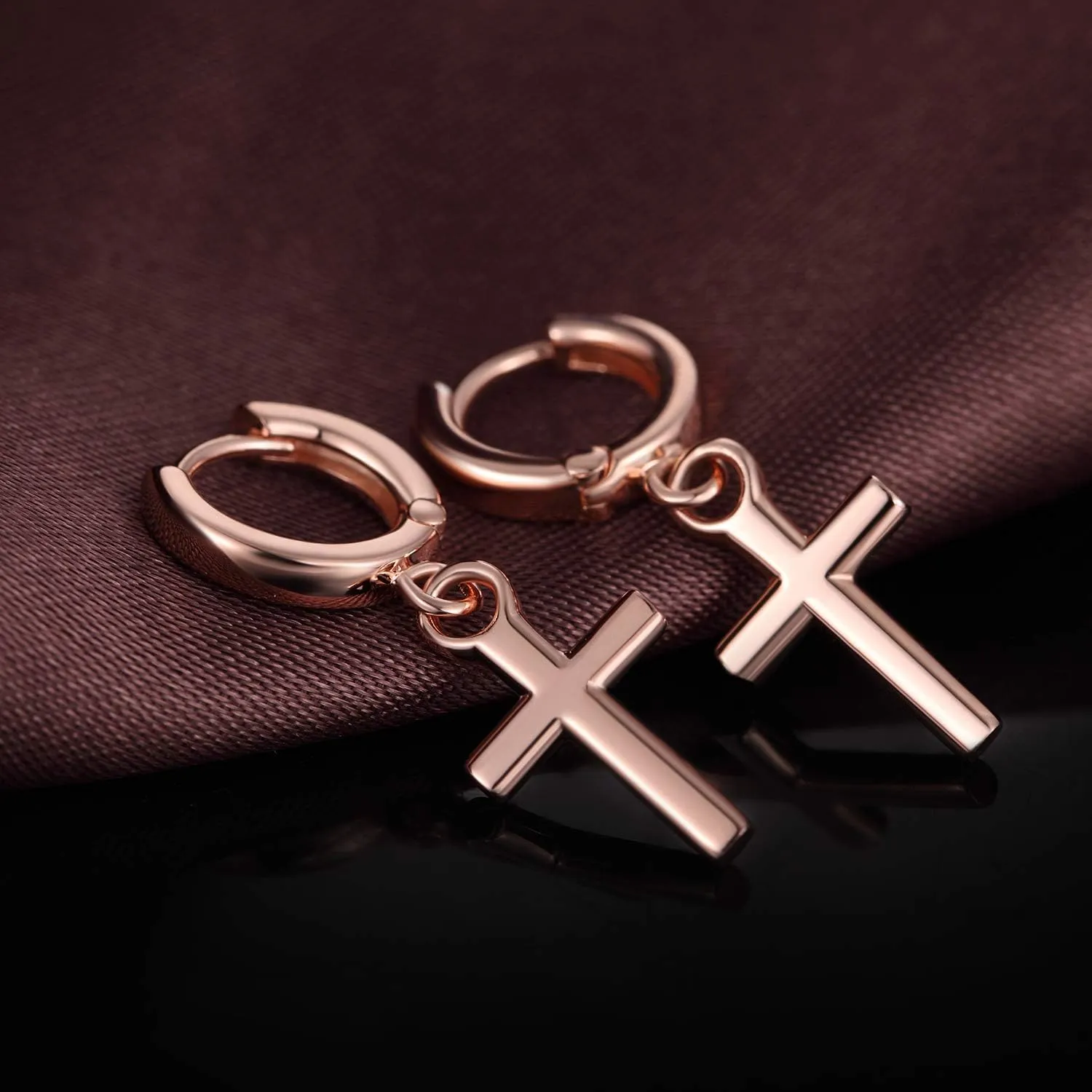 Han han 18K White Gold Plated Cross Earrings for Women, 925 Sterling Silver Cross Dangle Earrings, Simple Cross Hoop Earrings for Men Women, Silver/Rose Gold/Gold Color Cross Jewelry