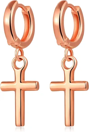 Han han 18K White Gold Plated Cross Earrings for Women, 925 Sterling Silver Cross Dangle Earrings, Simple Cross Hoop Earrings for Men Women, Silver/Rose Gold/Gold Color Cross Jewelry