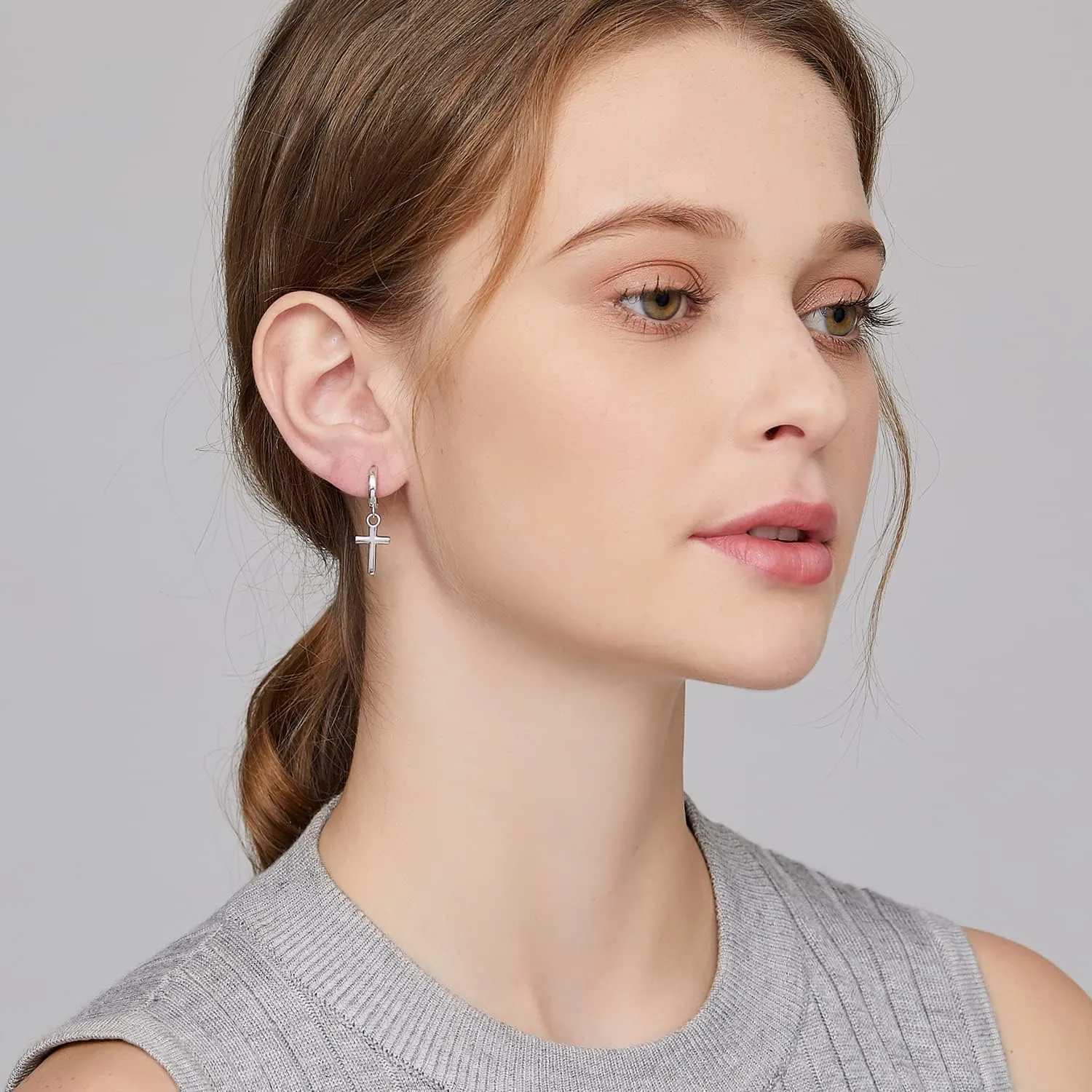 Han han 18K White Gold Plated Cross Earrings for Women, 925 Sterling Silver Cross Dangle Earrings, Simple Cross Hoop Earrings for Men Women, Silver/Rose Gold/Gold Color Cross Jewelry