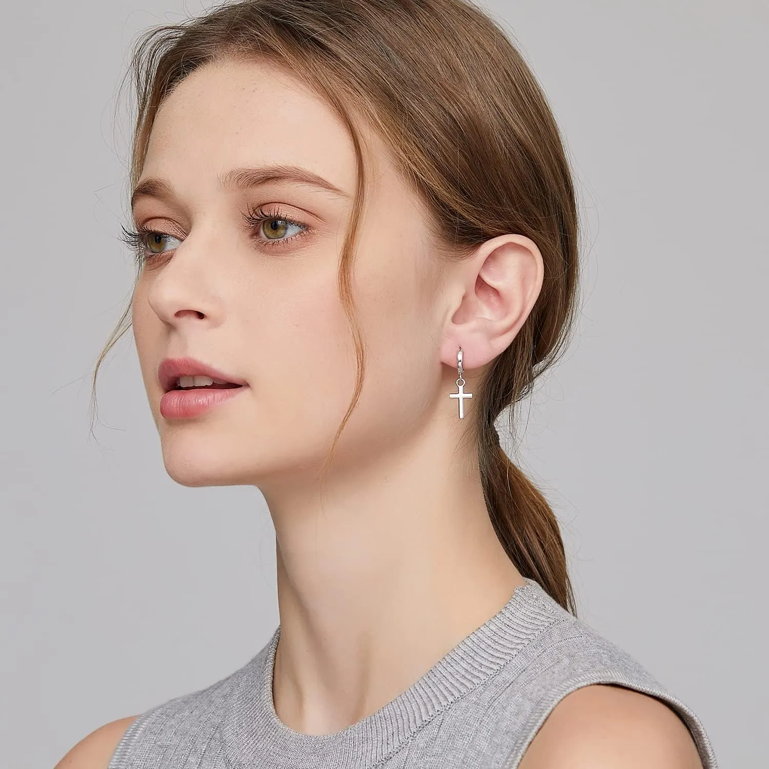 Han han 18K White Gold Plated Cross Earrings for Women, 925 Sterling Silver Cross Dangle Earrings, Simple Cross Hoop Earrings for Men Women, Silver/Rose Gold/Gold Color Cross Jewelry