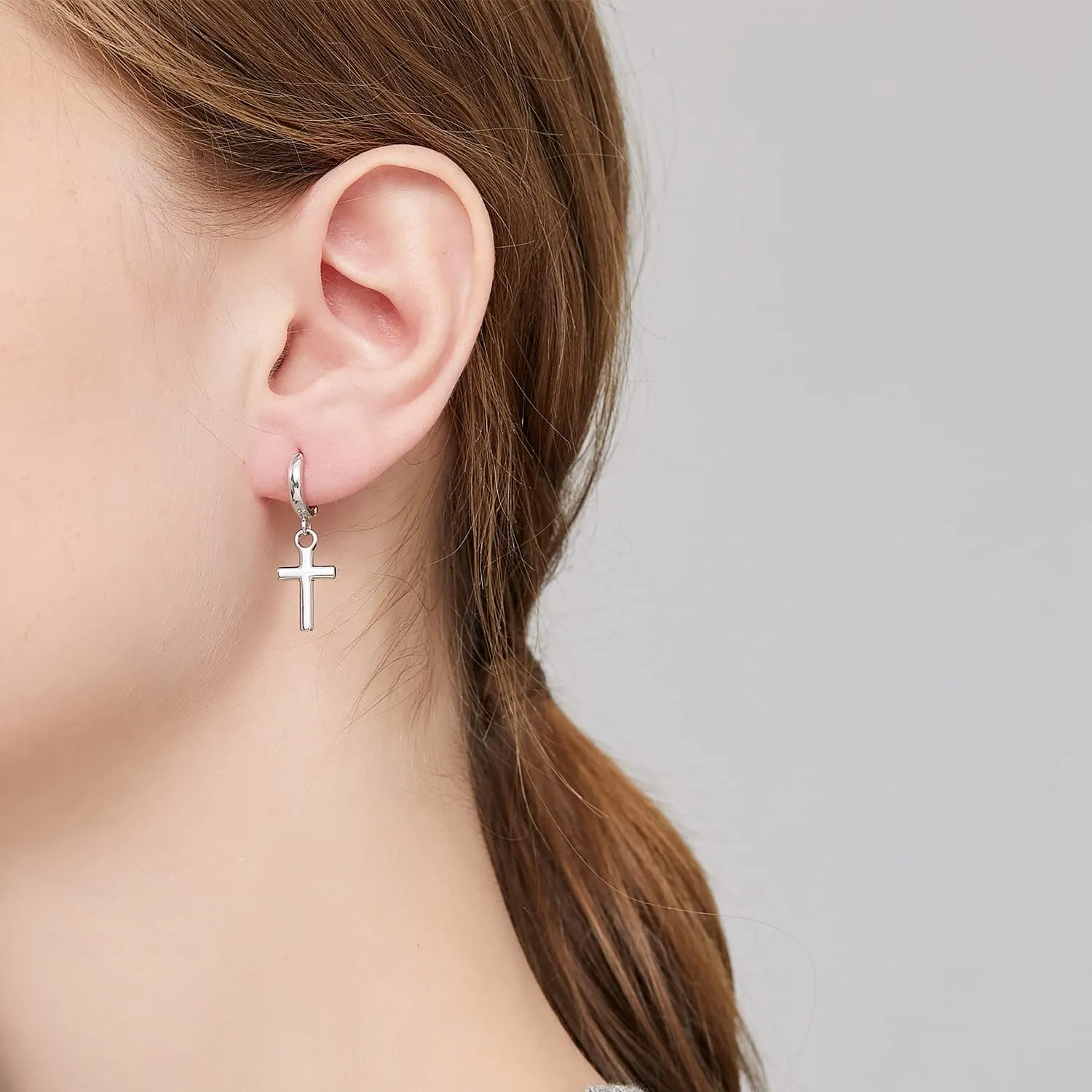 Han han 18K White Gold Plated Cross Earrings for Women, 925 Sterling Silver Cross Dangle Earrings, Simple Cross Hoop Earrings for Men Women, Silver/Rose Gold/Gold Color Cross Jewelry