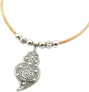 Handmade Cork Portuguese Cork Necklace with Heart of Viana Pendant - Organic, Eco-Friendly Wear and Tear Resistant, Waterproof - Vegan Gift