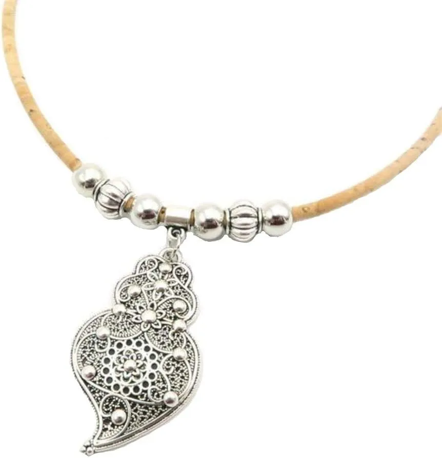 Handmade Cork Portuguese Cork Necklace with Heart of Viana Pendant - Organic, Eco-Friendly Wear and Tear Resistant, Waterproof - Vegan Gift