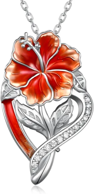 Hibiscus Necklace 925 Sterling Silver, Hawaiian Flower Necklace for Women, Adjustable 18 2 Inch Chain, Dainty Hibiscus Jewelry, Floral Pendant Gift for Her