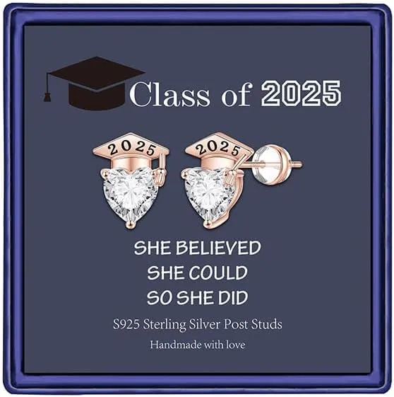 Hidepoo Graduation Gifts for Her Earrings - S925 Sterling Silver Post Hypoallergenic Earrings for Sensitive Ears Cubic Zirconia Heart 2025 Stud Earrings College Graduation Gifts for Her