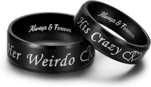 His Crazy Her Weirdo Heart Rings for Couples Always and Forever Matching Promise Rings Black Wedding Bands Sets for Him and Her Stainless Steel Comfort Fit