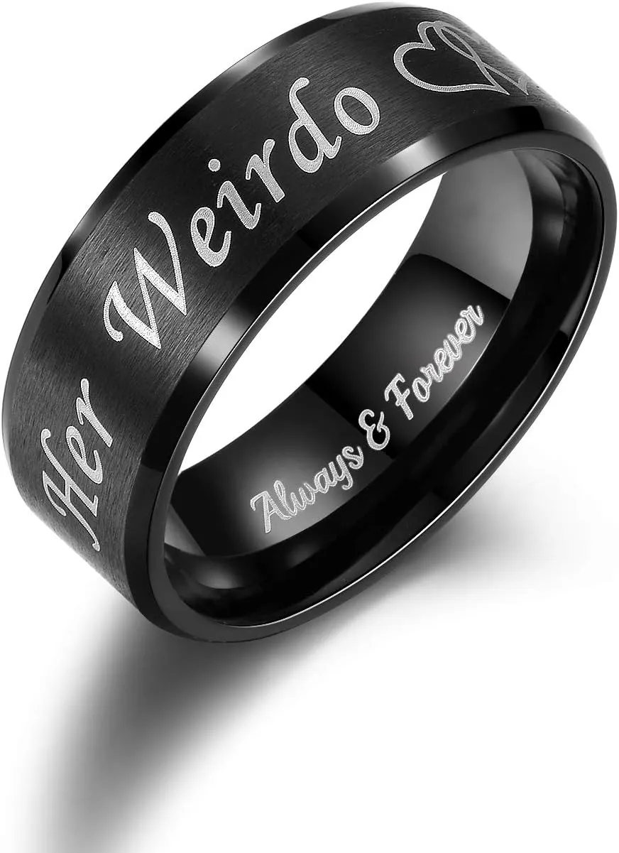 His Crazy Her Weirdo Heart Rings for Couples Always and Forever Matching Promise Rings Black Wedding Bands Sets for Him and Her Stainless Steel Comfort Fit