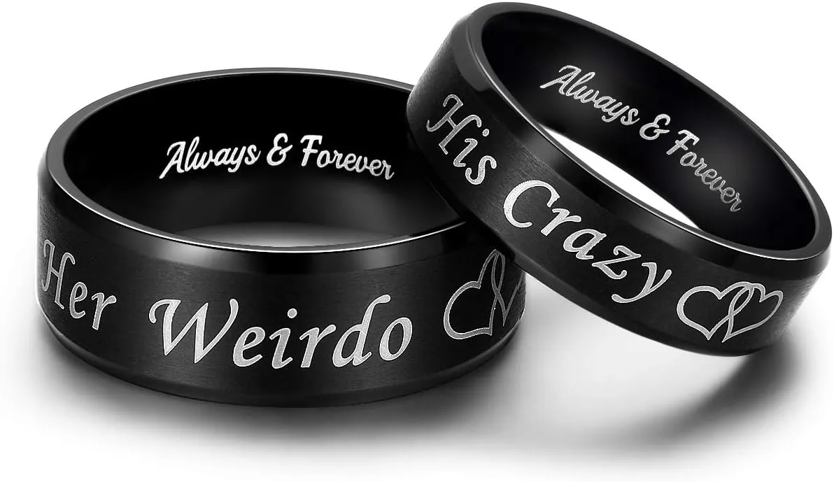 His Crazy Her Weirdo Heart Rings for Couples Always and Forever Matching Promise Rings Black Wedding Bands Sets for Him and Her Stainless Steel Comfort Fit