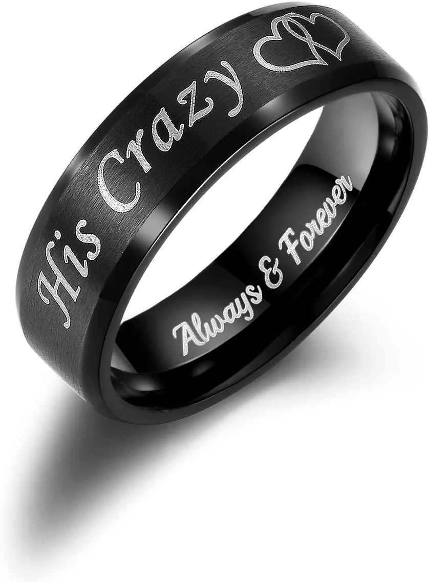 His Crazy Her Weirdo Heart Rings for Couples Always and Forever Matching Promise Rings Black Wedding Bands Sets for Him and Her Stainless Steel Comfort Fit