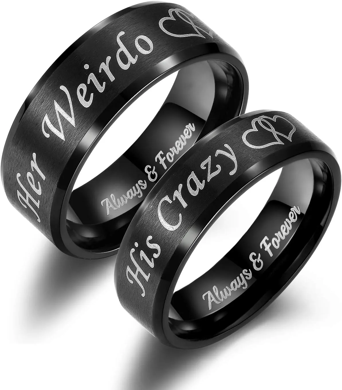 His Crazy Her Weirdo Heart Rings for Couples Always and Forever Matching Promise Rings Black Wedding Bands Sets for Him and Her Stainless Steel Comfort Fit