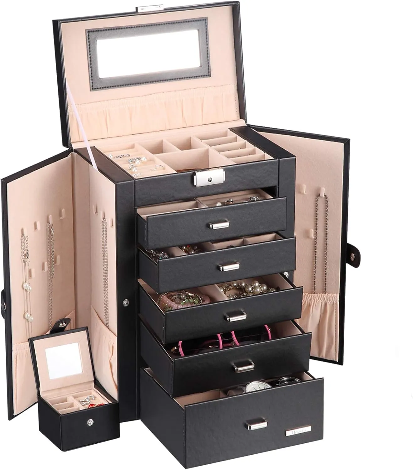 Homde 2 in 1 Huge Jewelry Box/Organizer/Case Faux Leather with Small Travel Case, Gift for Girls or Women (Black)