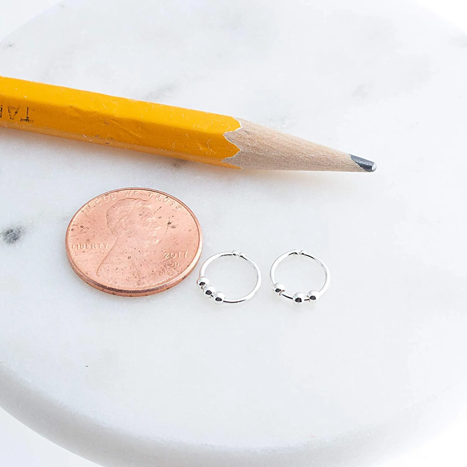 Hoop Earrings Cartilage Nose Septum Ear Helix Tragus Piercing Jewelry for Women Hypoallergenic with Balls Thin Tiny (6mm x 22 gauge / 3 Beads)