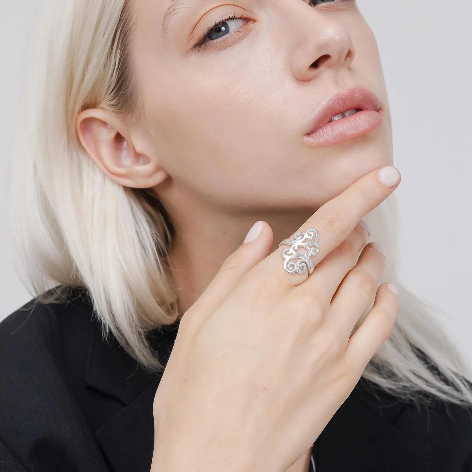 Hoops & Loops 925 Sterling Silver High Polished Open Filigree Swirl Fashion Vintage Style Unique Ring for Women, Silver, Yellow & Rose Gold