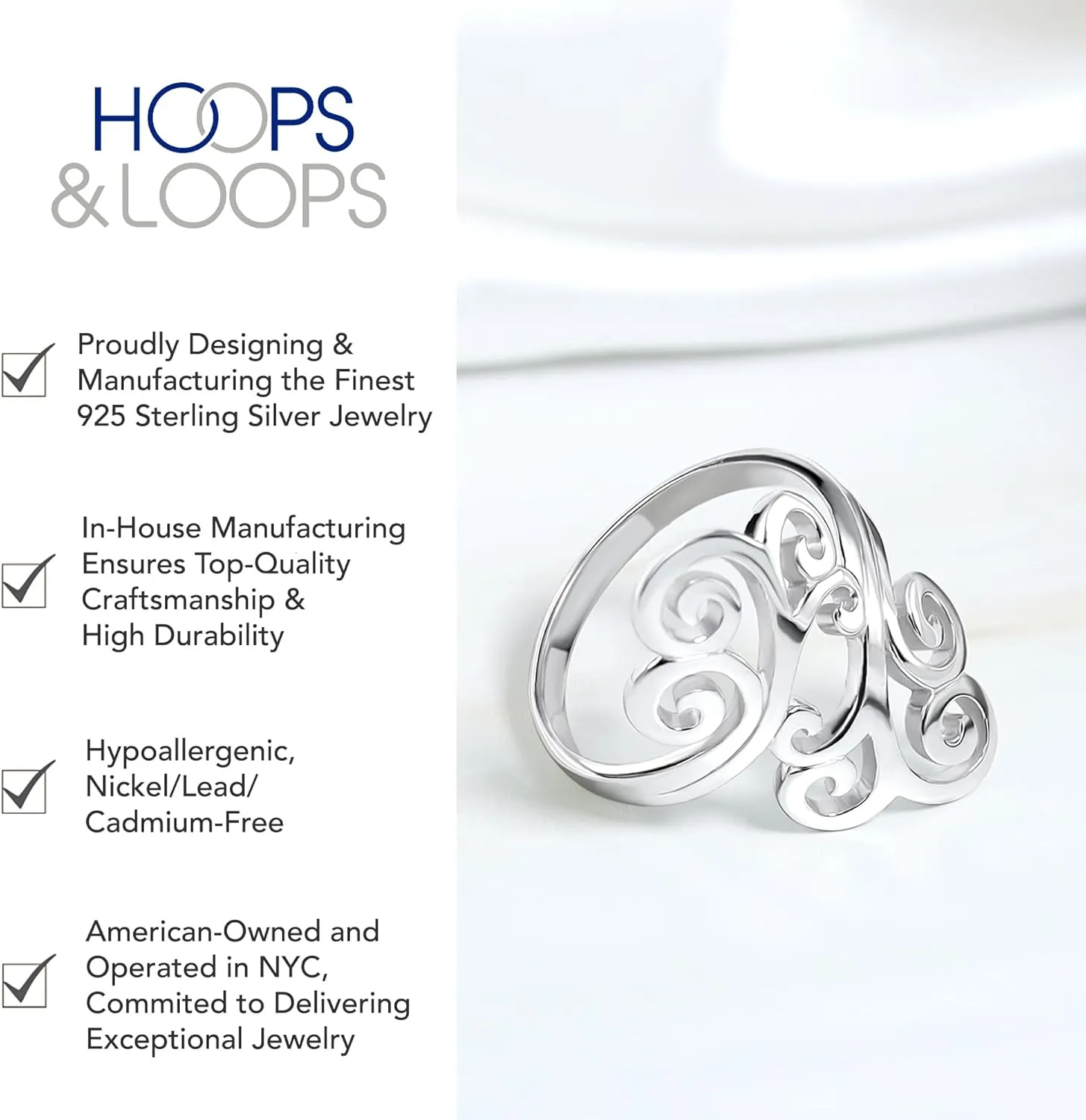 Hoops & Loops 925 Sterling Silver High Polished Open Filigree Swirl Fashion Vintage Style Unique Ring for Women, Silver, Yellow & Rose Gold