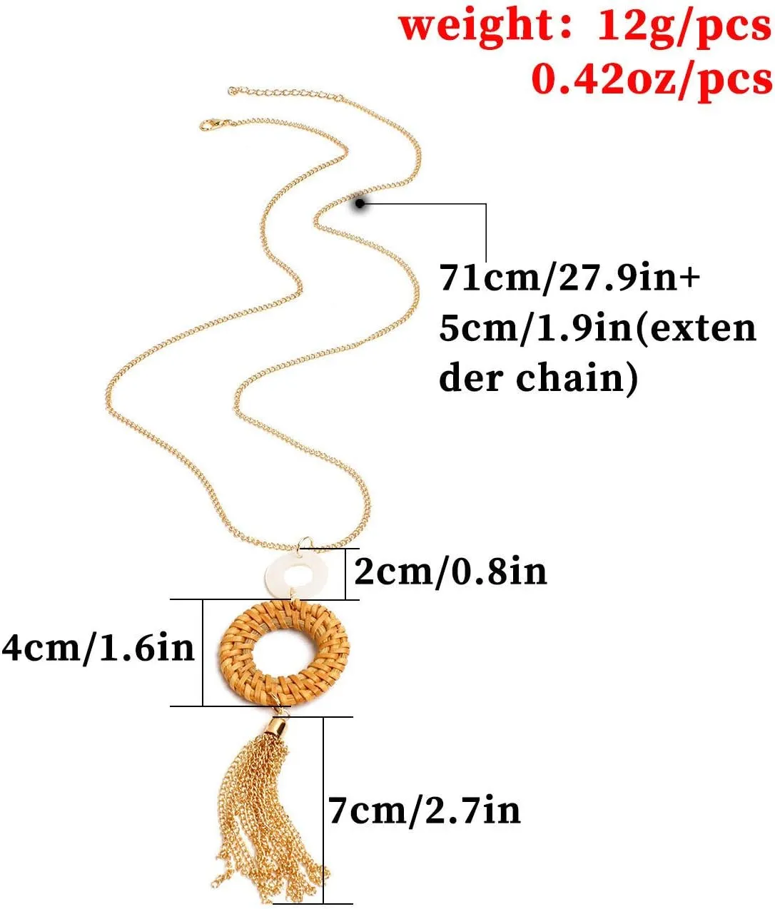 HUNO Handmade Straw Wicker Braid Statement Tassel Pendant Necklace Y-Shaped Long Chain Rattan Knit Bamboo Necklace for Women